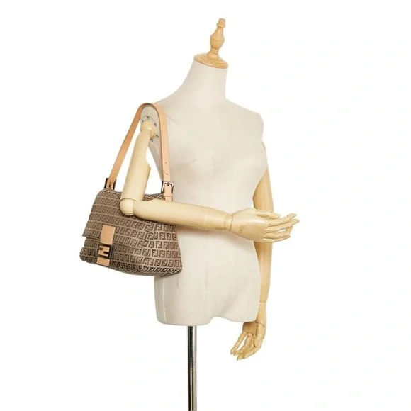 Authentic Fendi Zucchino Canvas Mamma Forever Shoulder Bag Brown/Beige